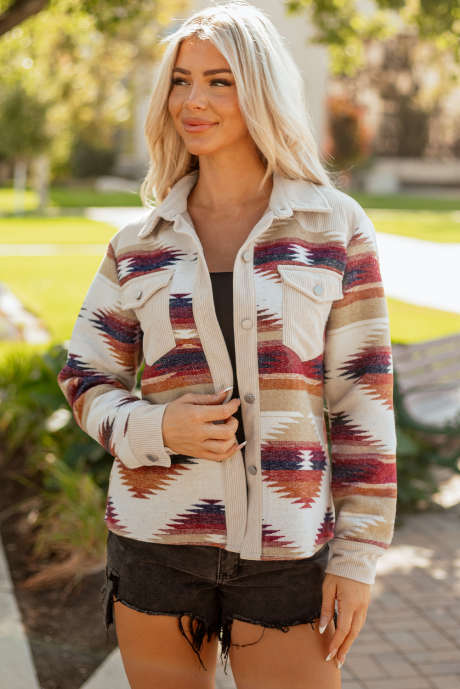 Multicolour Western Aztec geribbelde patchwork shacket met dubbele klepzak en ruwe zoom