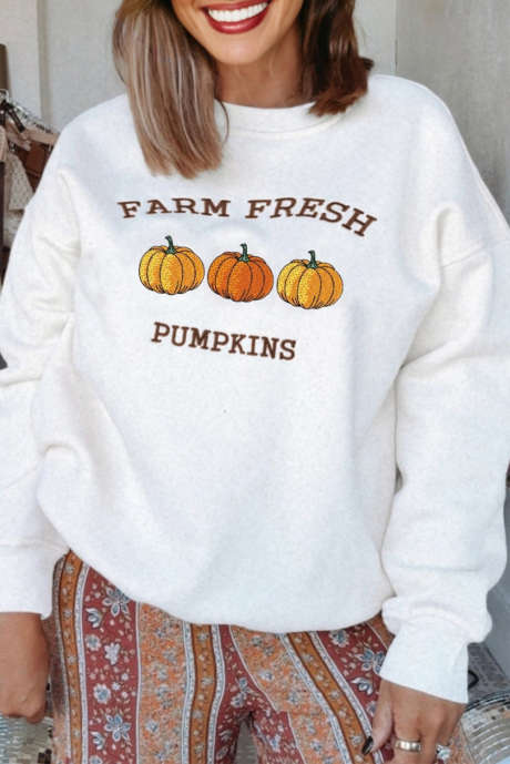 Sweat-shirt blanc brodé motif citrouilles fraîches de la ferme pour Thanksgiving