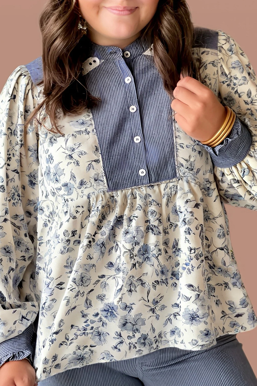 Beige Button Detailed Long Sleeve Blouse