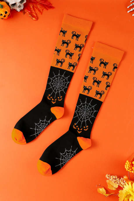 Pletené kompresní ponožky Oranžové s barevnými bloky Horrifying Cat Spider Web Halloween