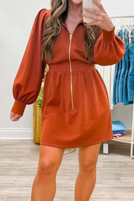 Russooranžové dlouhé ležérní minišaty s nabíranými rukávy a zipem vpředu