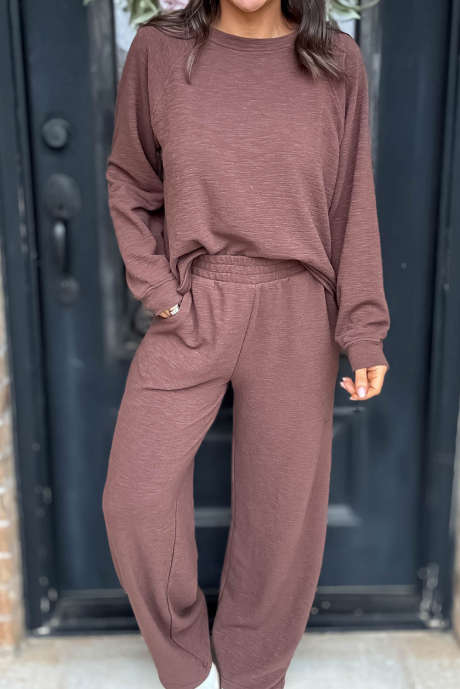 Rode sandelhout effen kleur lange mouwen top elastische taille losse broekset