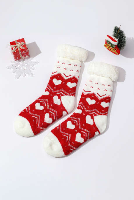 Feurig rote, geometrische Herzmuster-Strick-Kniestrümpfe mit flauschiger Manschette