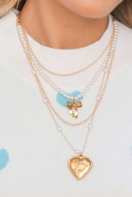 Kullattu rusetti sydänriipus helmihelmillä koristeltu monikerroksinen kaulakoru