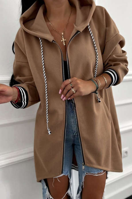 هودي تونيك بسحاب وأكتاف منسدلة بلون كاكي داكن