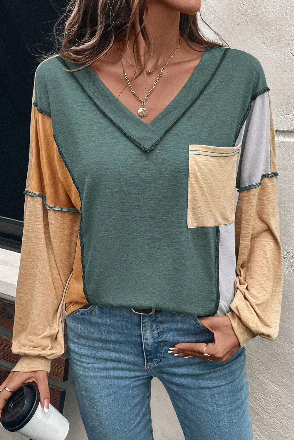 $5.01 Four Leaf Clover Exposed Stitching Colorblock V Neck Long Sleeve ...
