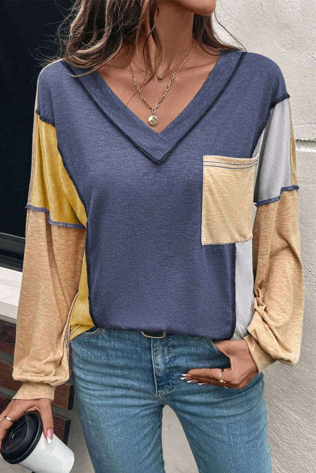 Maglia a maniche lunghe con scollo a V e cuciture a vista color block blu vela