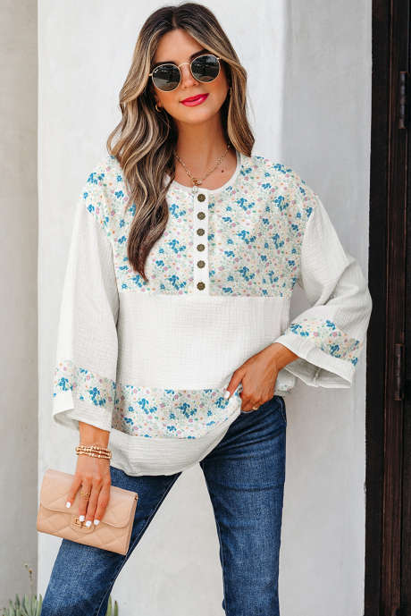 Sky Blue Floral Print Gauze Patchwork Henley Button 3/4 Sleeve Blouse