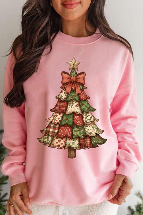 Sweat ample à imprimé sapin de Noël rose pour femme LC25320753-10