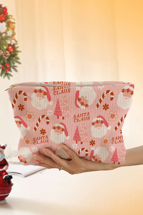 Bolsa de cosméticos com zíper e estampa de veludo cotelê rosa com estampa de Natal