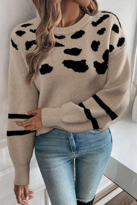 Khakifarbener Pullover mit Leopardenmuster und überschnittener Schulter LC2727606-P1622