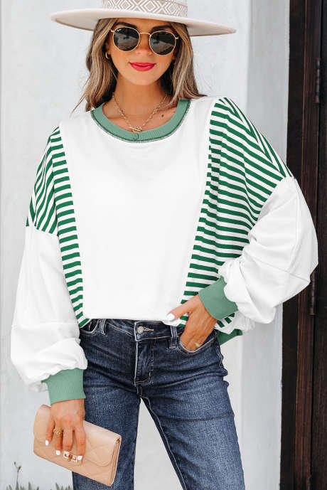 Oversized sweatshirt met groene strepen, kleurblok, patchwork en contrasterende stiksels, LC25319877-P919