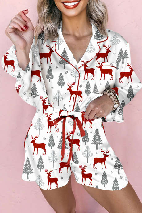 Witte kerstmodeprint fluwelen rand strik pyjamaset (2-delig)