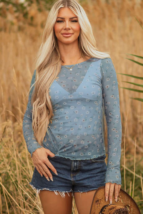 Hemelsblauwe vintage bloemenprint mesh top met lange mouwen in zuidelijke stijl