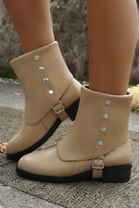 Světle francouzské béžové kozačky z umělé kůže s cvočky do poloviny lýtek