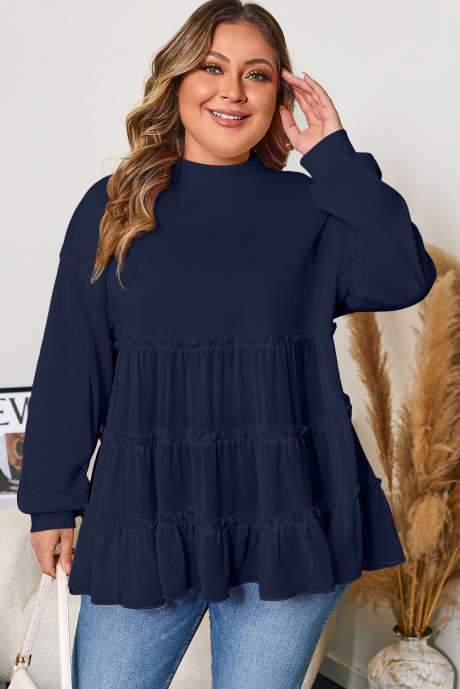 Jersey azul marino de cuello redondo acanalado con volantes escalonados, talla grande PL2514331-P605