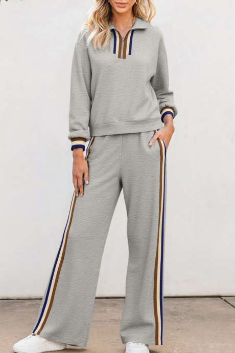 Ensemble pull-over et pantalon ample à rayures grises et patchwork