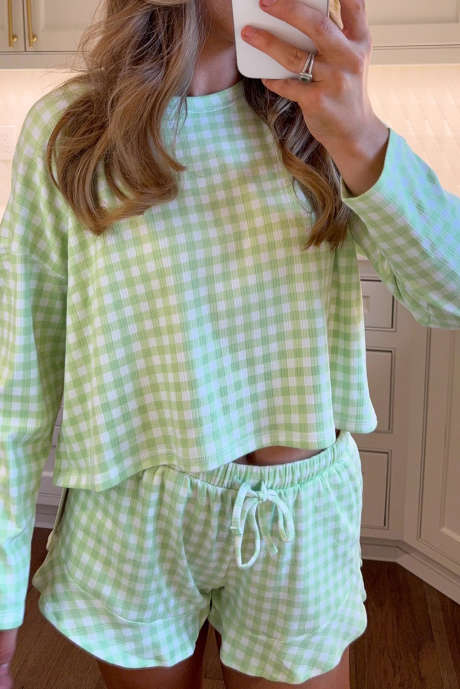 Groene Gingham lange mouwen losse top trekkoord shorts 2-delige pyjamaset