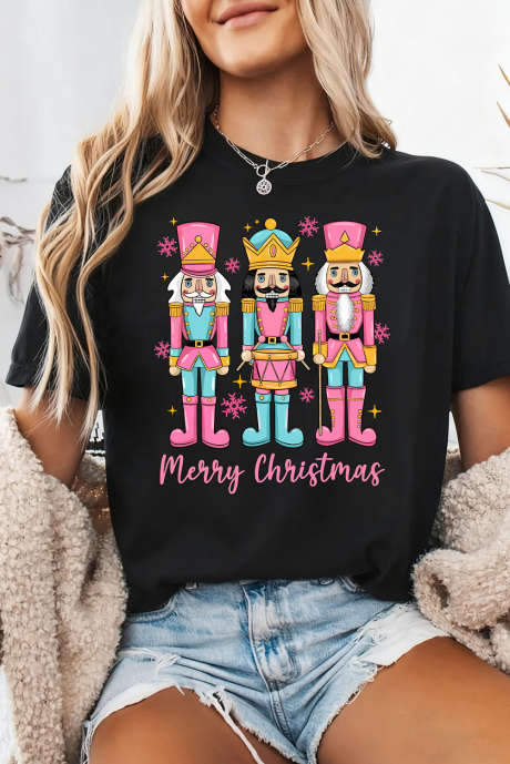 ブラック メリークリスマス くるみ割り人形 プリントTシャツ