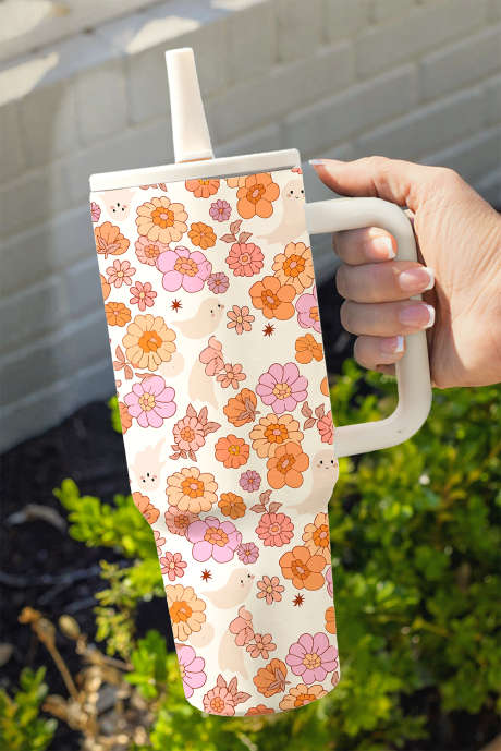 Bílý roztomilý květinový vzor s duchy a výklopným brčkem z nerezové oceli