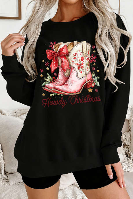Sweat-shirt ample imprimé bottes de cow-girls noires Howdy Christmas