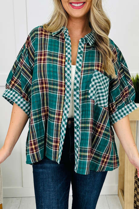 Chemise ample à carreaux verts et imprimés mixtes à manches mi-longues