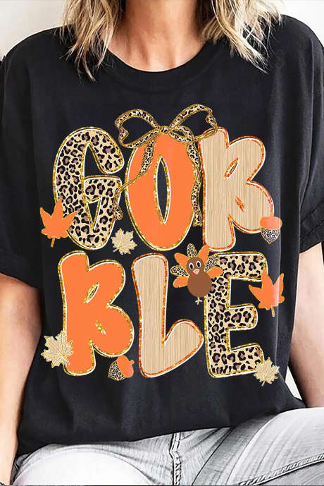 ブラック GOBBLE ヒョウ柄レタープリント ターキーボウ グラフィック Tシャツ