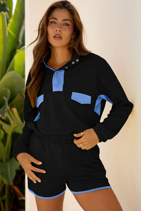 Black Color Block Patchwork Half Button Pullover and Shorts 2pcs Outfit