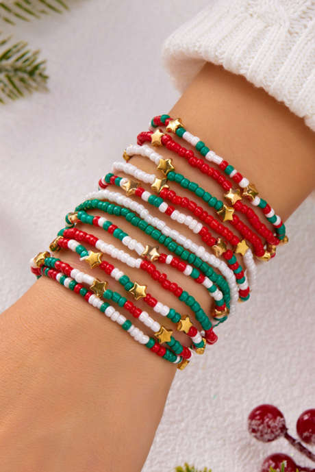 Conjunto de pulseiras de moda natalina com contas coloridas e estrelas banhadas a ouro