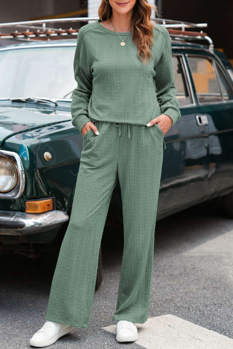 Conjunto de sudadera con cuello redondo texturizada verde humo y pantalón holgado de cintura alta con cordón ajustable LC626403-P2809
