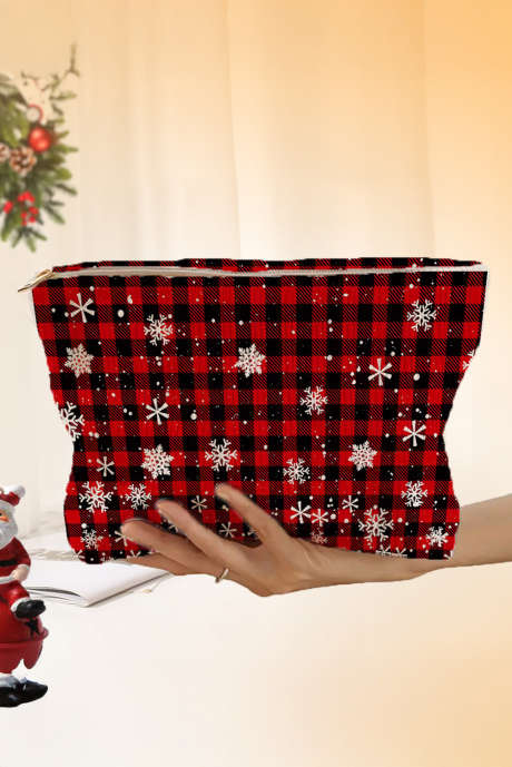 Bolsa de cosméticos com estampa de floco de neve de Natal xadrez vermelho fogo