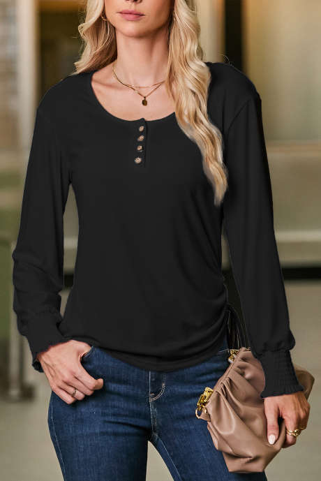 Top Henley negro con cuello en U, puños fruncidos y cordón lateral LC25128512-P2