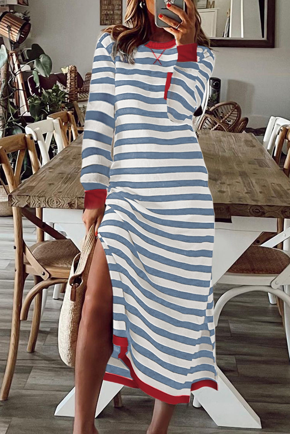 Sky Blue Stripe Bubble Short Sleeve Tiered Scallop Long Dress