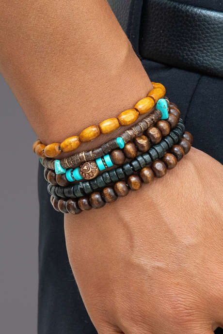 سوار متعدد الطبقات من الخرز الخشبي بلون الكستناء بوهو الفيروزي