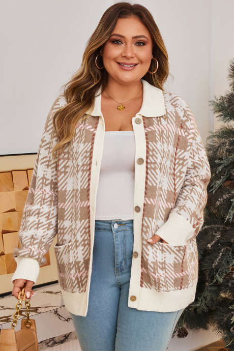 Cardigan kaki à motif vintage, boutonné sur le devant, bordure côtelée, grande taille, PL271156-P1622