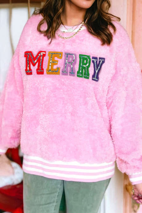 Sachet Pink Sequin Chenille MERRY Graphic Plush Pullover