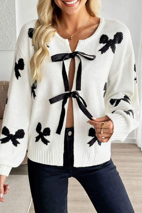 Cardigan blanc à lacets et motif nœud