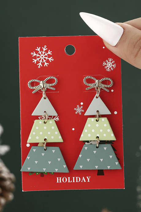 Серьги-бантики с подвесками в виде светло-зелёной геометрической рождественской ёлки