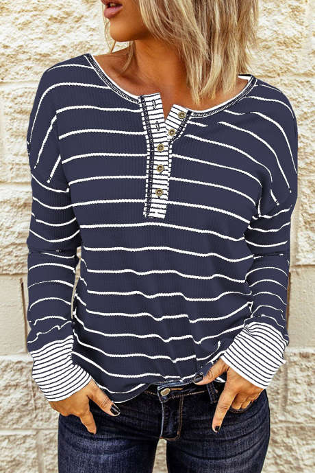 Haut en tricot gaufré boutonné à rayures bleu marine Henley