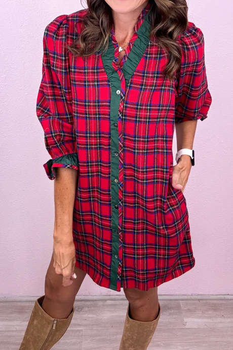 Tmavě modré slavnostní kostkované minišaty s kontrastním lemováním, výstřihem do V a dlouhým rukávem