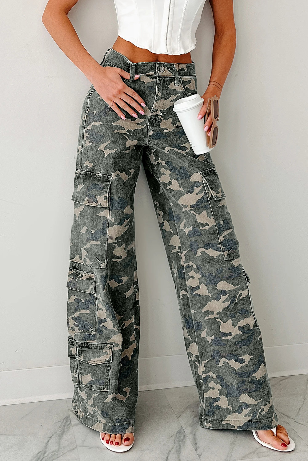 $16.12 Green Camo Cargo Wide Leg Pants Wholesale