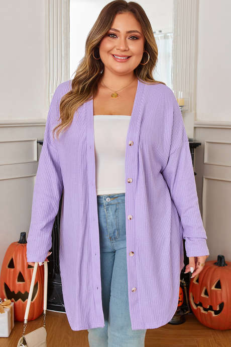 Cardigan Plus Size de Malha Waffle com Botões Frontais e Pétalas de Orquídea