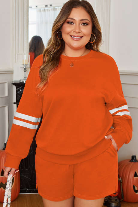 Ensemble short et pull rayé orange grande taille à épaules tombantes et taille élastique avec cordon de serrage