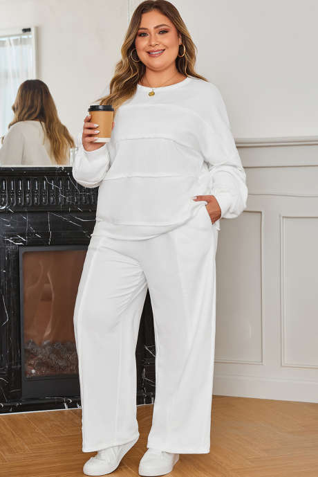 Ensemble pull-over blanc texturé à coutures brutes et pantalon à cordon de serrage grande taille