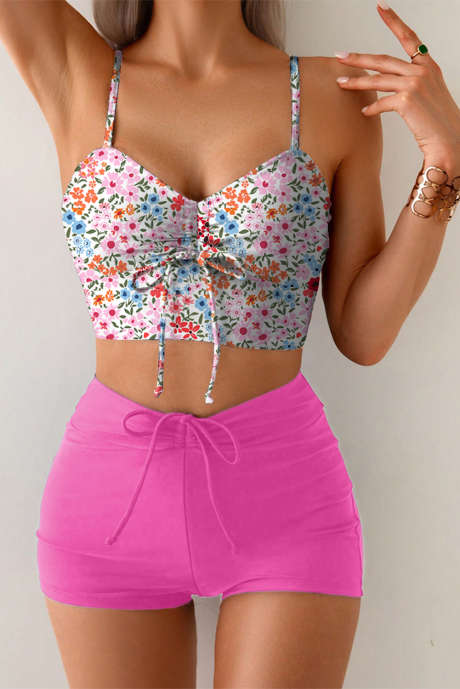 Ruusuinen kukkakuvioinen/raidallinen nauhallinen korkeavyötäröinen 2-osainen bikini-uimapuku