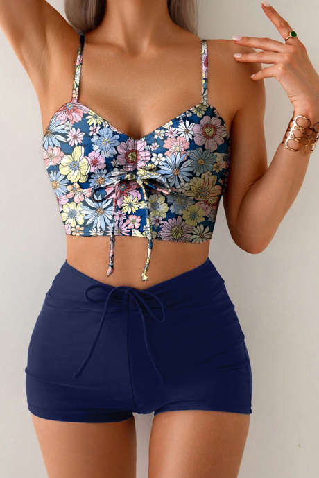 Sininen kukka-/raidallinen nauhakuvioinen korkeavyötäröinen 2-osainen bikini-uimapuku