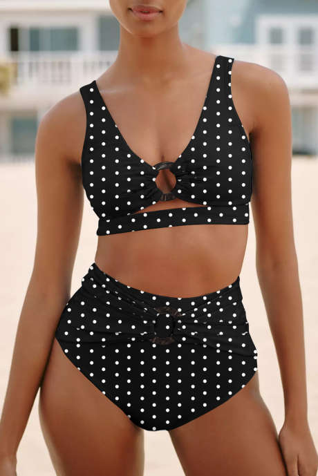 Musta kukka-/pilkullinen/ruutukuvioinen O-rengaskoristeinen korkeavyötäröinen bikini-uimapuku