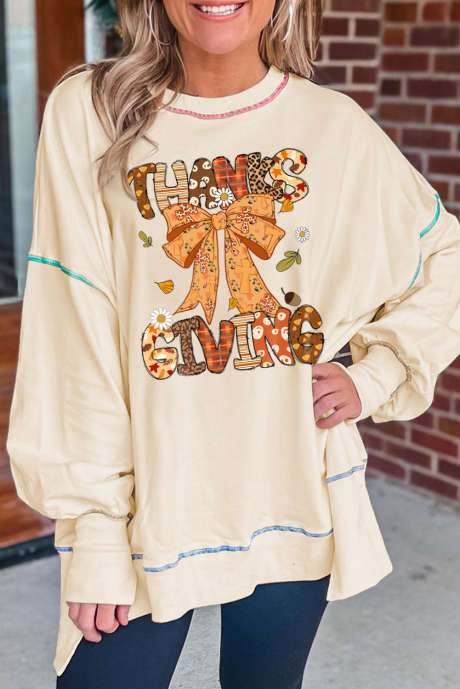 Weißes THANKSGIVING – Verspieltes Baggy-Sweatshirt mit Schleifenmuster und Kontrastbesatz