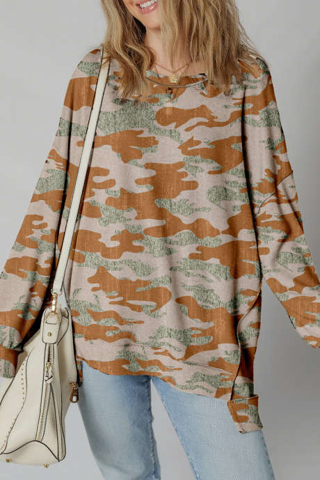 Bruine retro camouflageprint sweatshirt met zichtbare naden en verlaagde schouders LC25319796-P1722