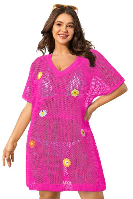 Růžovo-červené háčkované květinové detaily s dutým pleteným vzorem, volné plavky